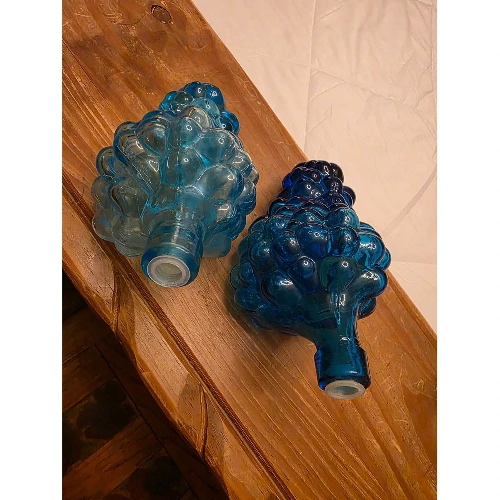 Vintage Blue Glass Grape Cluster Bottles Set of 2 Decanters Aqua Cobalt Stopper - Picture 2 of 9